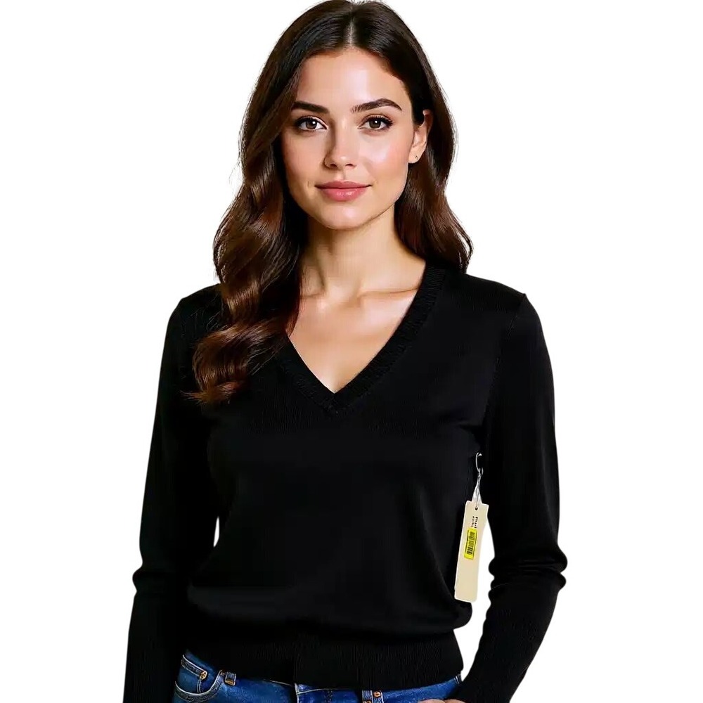 JONES NEW YORK SPORT‎ PETITE Black V Neck Long Sleeve Sweater Size PS NWT